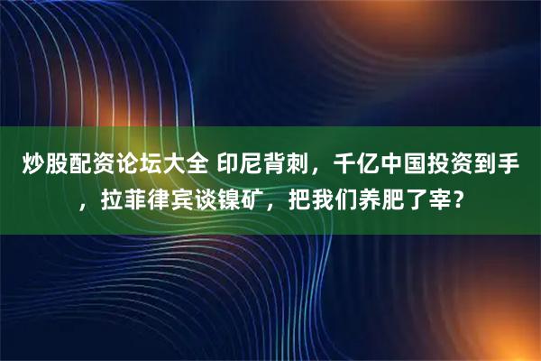 炒股配资论坛大全 印尼背刺，千亿中国投资到手，拉菲律宾谈镍矿，把我们养肥了宰？